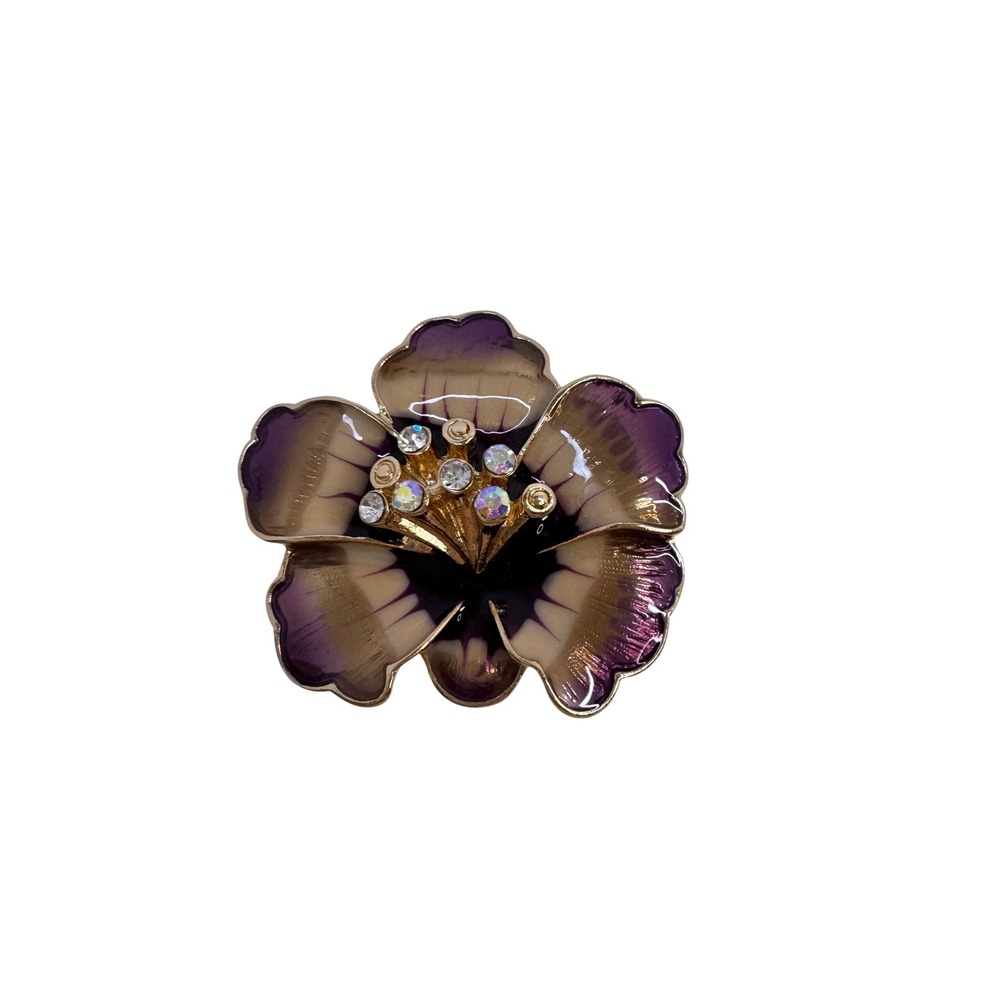 Anne Klein Violet Pave Enameled Pansy Flower Brooch Rhinestone Vintage Gold Tone